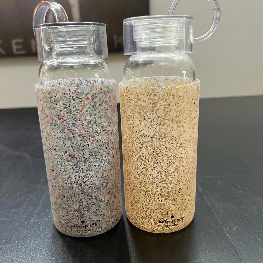 Kate Spade Multicolor and Gold Glitter Glass Water Bottles